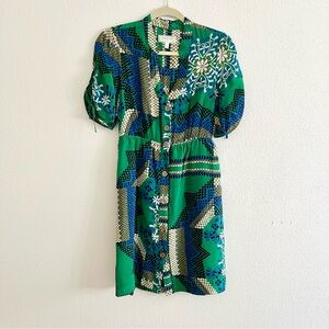Anthropologie- Moulinette Soeurs Vibrant Green Blue Puff Sleeve Dress- Size 2